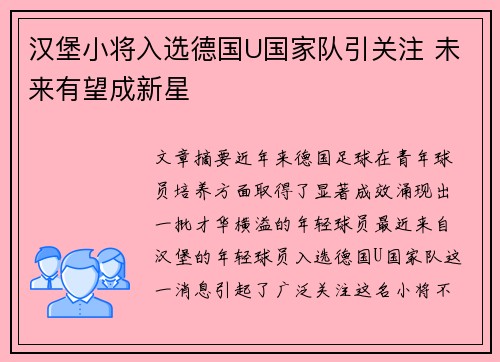 汉堡小将入选德国U国家队引关注 未来有望成新星