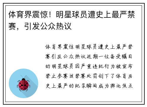 体育界震惊！明星球员遭史上最严禁赛，引发公众热议