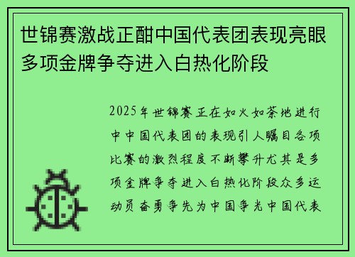 世锦赛激战正酣中国代表团表现亮眼多项金牌争夺进入白热化阶段